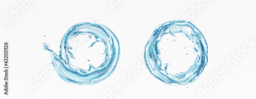 Circle water splash on transparent background. Realistic vector illustration of round swirl and stream of blue clear liquid wave with sparkles and drops. Ring frame of light twirl splatter with bubble
