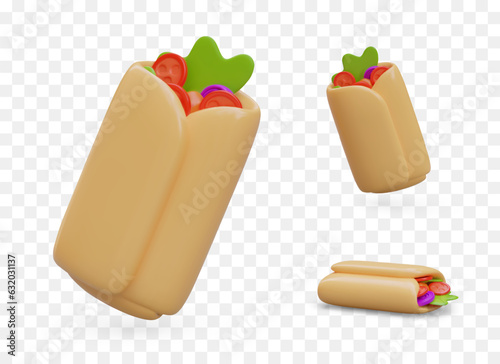 3D color vector shawarma. Lavash with meat and vegetable filling. Spicy burrito, doner kebab. Street fast food. Turkish pita bread roll. Set of isolated images. Object in different positions