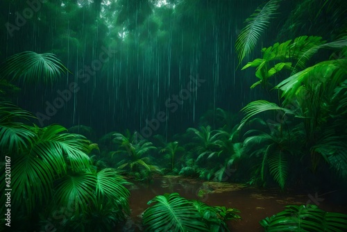 tropical forest in the rainy weather and trees and a lake Created using generative AI tools
