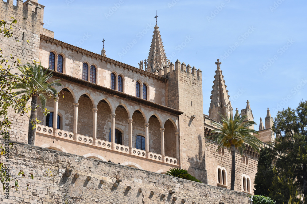 Royal Palace of Almudaina Colonnade with Spires of Cathedral of Santa Maria Rising in Background, Palma