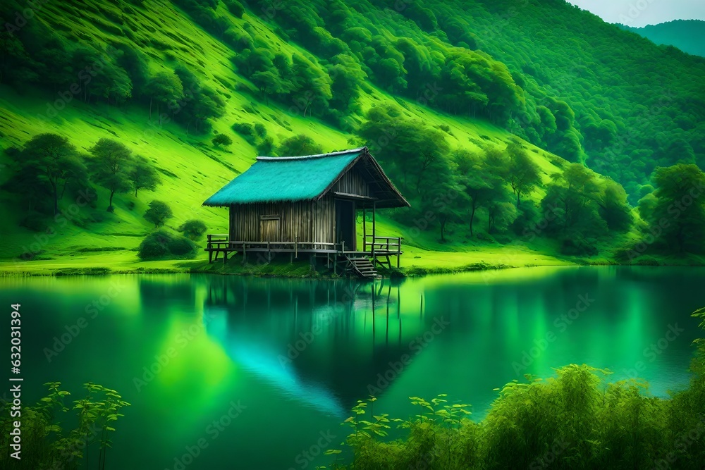 beautiful hut on the beach and a lake  view of the colorful green landscape
Created using generative AI tools