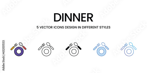 Dinner Icon Design in Five style with Editable Stroke. Line, Solid, Flat Line, Duo Tone Color, and Color Gradient Line. Suitable for Web Page, Mobile App, UI, UX and GUI design.