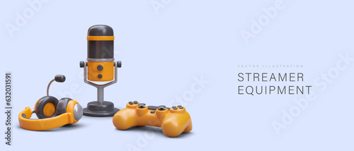 Streamer equipment. New vlogger accessories. Realistic headphones, professional microphone, gamepad. Course announcement concept. Gadget store template. Studio services, equipment rental