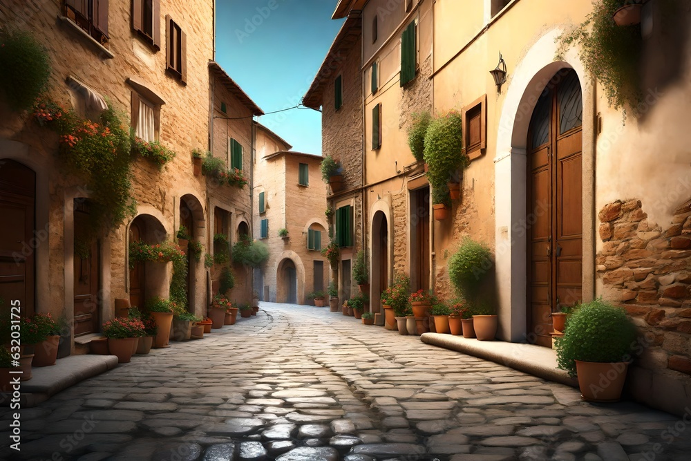 Street in small town in Italy in summer, Umbria 3d rendering