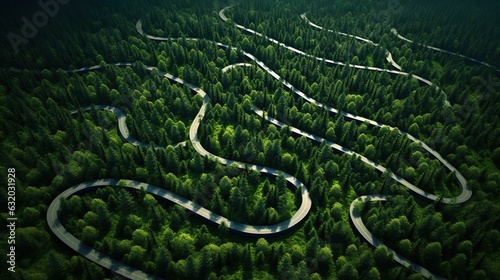 A long country road winds through a dense pine forest.
