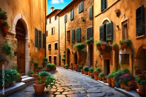 Colorful street in Pienza  Tuscany  Italy 3d rendering