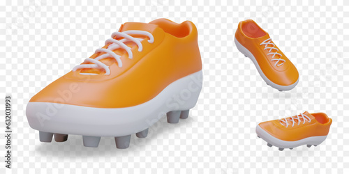 Realistic soccer, rugby boots with spikes. Sports shoes for golf. Special accessories for playing on grass field. Isolated images, view from different sides. Color 3D icon set