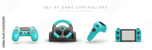 Set of blue game controllers. Realistic image of gamepad, console, steering wheel. Joystick icons. Isolated vector illustration with shadows on white background. Concept of modern gaming devices