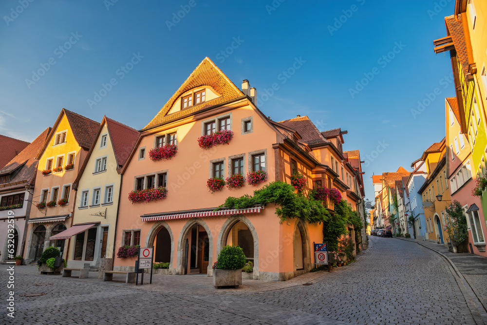 Naklejka premium Rothenburg ob der Tauber Germany, city skyline with colorful house the Town on Romantic Road of Germany