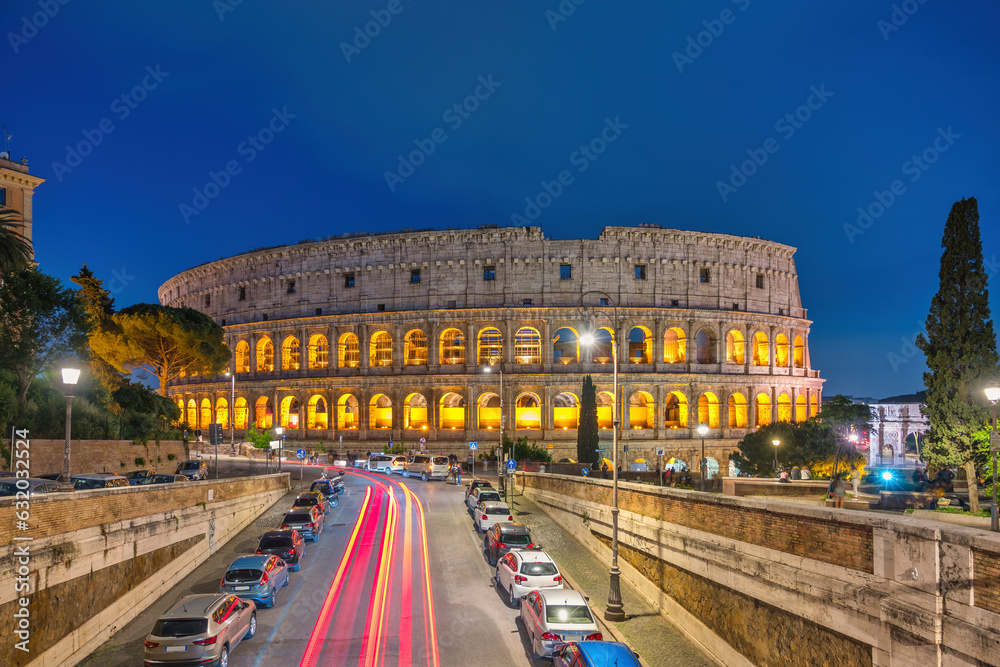 Rome Italy, night city skyline at Rome Colosseum