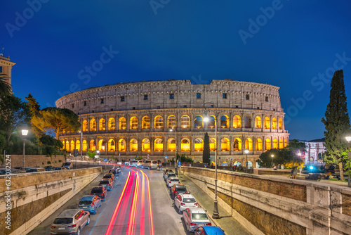 Rome Italy, night city skyline at Rome Colosseum