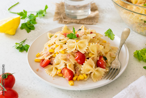 Traditional Italian pasta salad, a traditional Italian recipe with tuna and corn.