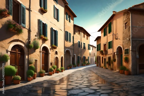 Street in small town in Italy in summer  Umbria 3d rendering