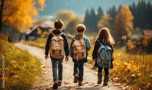 Fall Education: Children with Backpacks Going to School