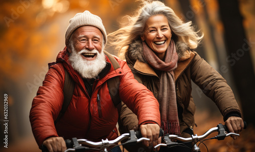 Happy Senior Couple Riding Bicycle in Autumn