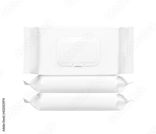 Realistic wet wipes package bag mockup set. Vector illustration isolated on white background. Can be use for your design, promo, adv and etc. EPS10.