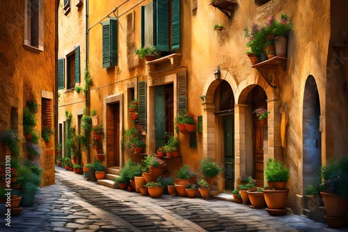 Colorful street in Pienza, Tuscany, Italy 3d rendering © Ahtesham