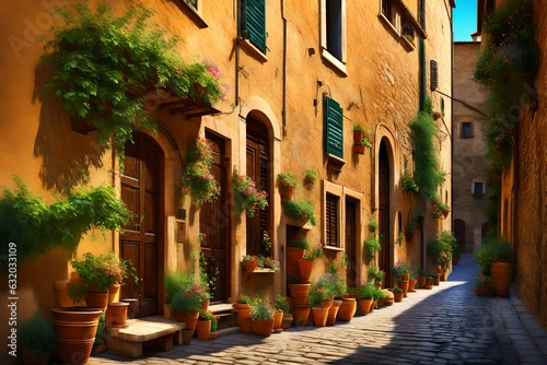Colorful street in Pienza, Tuscany, Italy 3d rendering © Ahtesham
