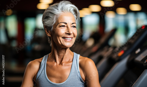 Portrait of a happy senior woman exercising in the gym