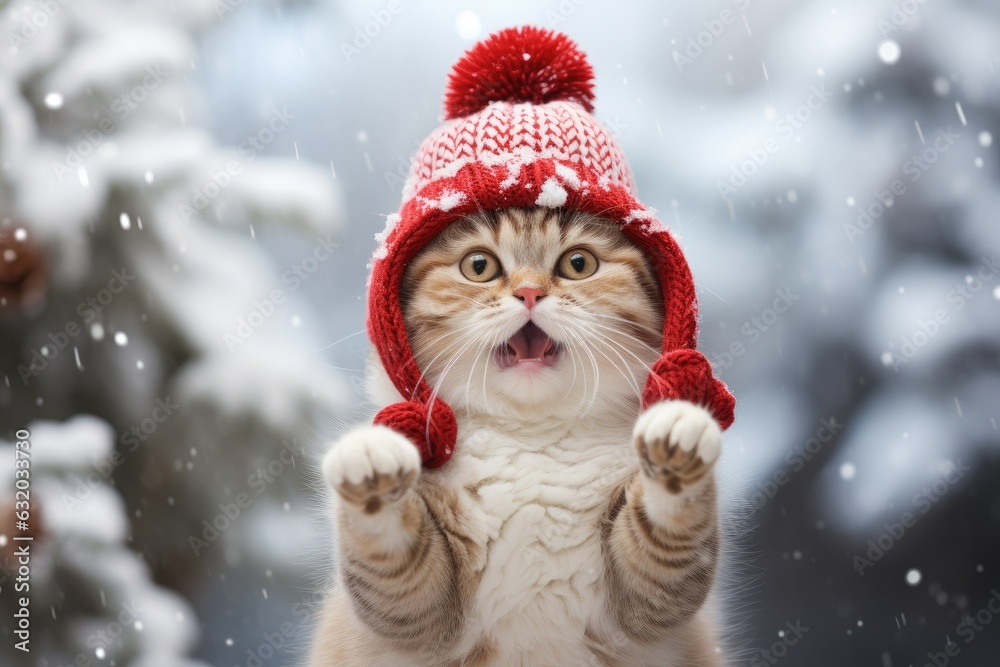 Christmas funny cat surrounded by snowflakes