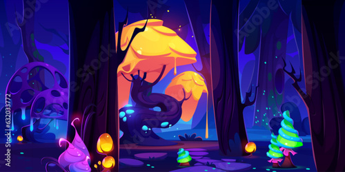 Fantasy game background with magic forest landscape at night. Fairytale world scene with dark woods with fantastic alien trees, flowers and mushrooms, vector cartoon illustration