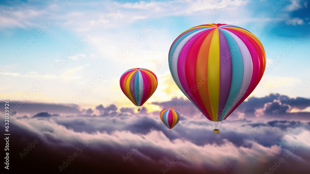 Obraz premium Colorful hot air balloons above the clouds. 3D illustration