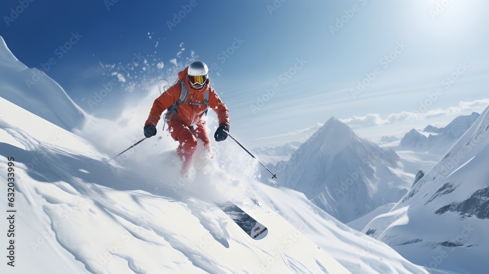 A skier in a orange jacket is skiing in the bright sun and blue sky-