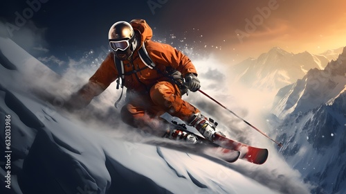 A skier in a orange jacket is skiing in the bright sun and blue sky-