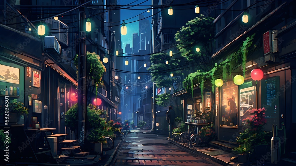Retro Tokyo alley ambiance at night.