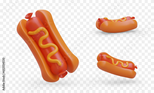 Set of 3D hot dogs with mustard. Long bun with sausage and sauce. Street, fast food. Isolated floating object in different positions. Vector image with shadows