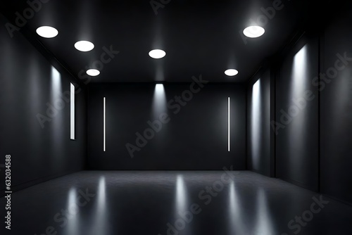 Black wall with a row of spotlights in an empty room 3d rendering