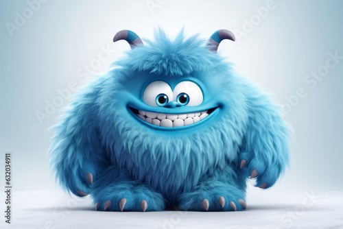 Photo Cute blue furry monster 3D cartoon character