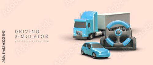 Driving simulator. Training and testing services. Compliance with traffic rules in virtual trips. License for truck, car. Concept for driving school. Learning with play