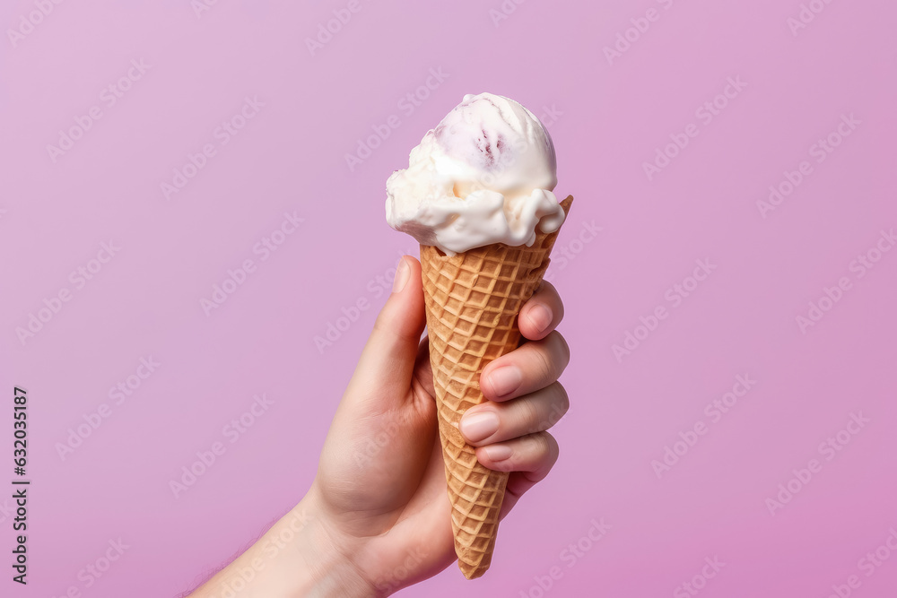 Ice cream cone on a pink background , Female hand holding ice cream in waffle cone , Created with Generative Ai Ice cream cone on a pink background , Female hand holding ice cream in waffle cone , Created with Generative Ai
