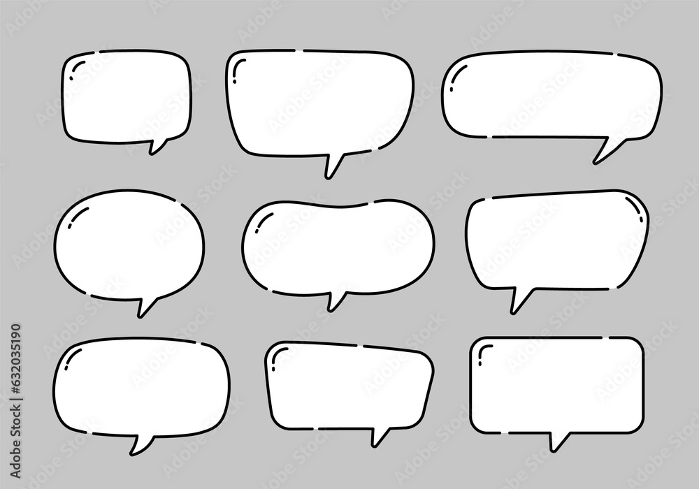 A row of speech bubbles with a white background. Message communication bubbles in cute doodle style on white background. Speech bubble, text bubble, chat balloon, chat balloon, or chat balloon. - obrazy, fototapety, plakaty 