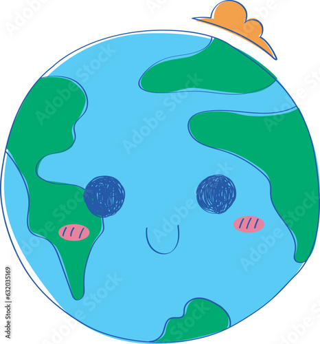 A drawing of a planet with two eyes and a hat on it. Doodle cute character of the earth. Happy world vector illustration.