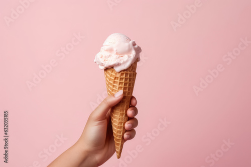 Ice cream cone on a pink background , Female hand holding ice cream in waffle cone , Created with Generative Ai