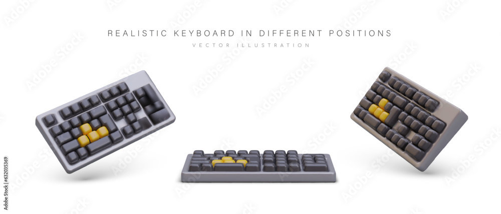 Set of realistic black keyboards with shadows. Wireless device for typing text, inputting information. Isolated image on white background. View from different sides Set of realistic black keyboards with shadows. Wireless device for typing text, inputting information. Isolated image on white background. View from different sides