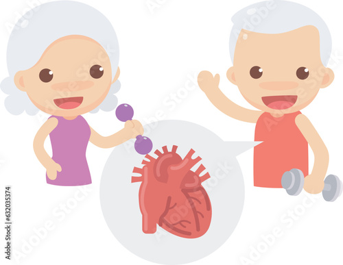 Cute characters of couple old man and old woman in strong and healthy actions with heart symbol in the bubble. Old people cardiovascular exercise. Vector illustration cute flat design.