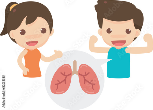 Cute characters of couple man and woman in strong and healthy actions with lung symbol in the bubble.
