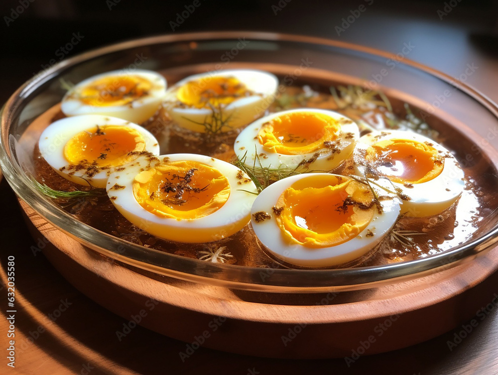 Hard-boiled and halved eggs placed on a plate. generated ai Hard-boiled and halved eggs placed on a plate. generated ai