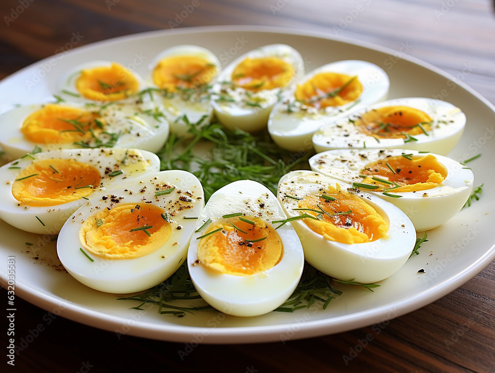 Hard-boiled and halved eggs placed on a plate. generated ai Hard-boiled and halved eggs placed on a plate. generated ai