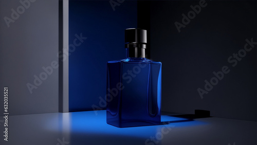 Men perfume glass bottle advertising product packaging photograph in black studio. Generative AI.