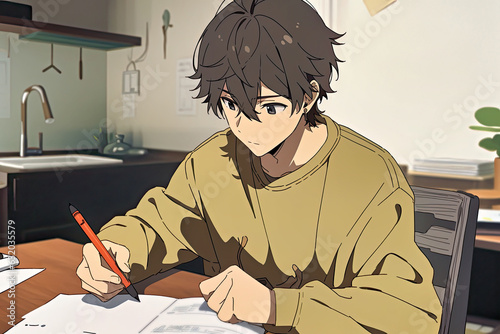 Male student studying at home desk