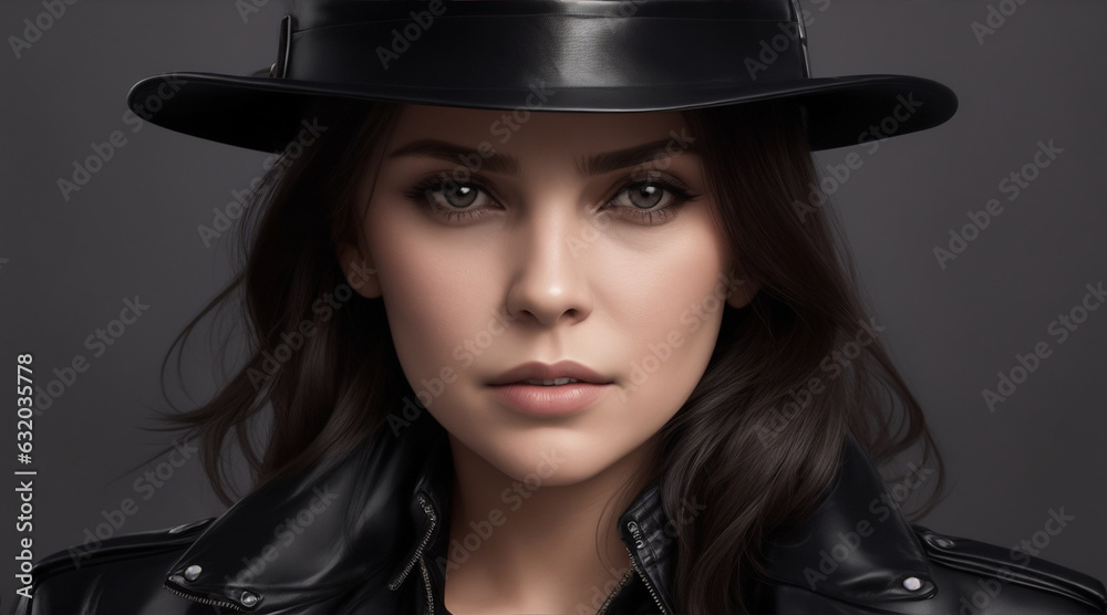 Woman with a serious expression wearing a black leather jacket and a fedora. Generative AI. Woman with a serious expression wearing a black leather jacket and a fedora. Generative AI.