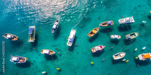 Breathtaking aerial view of vibrant Greek isles, featuring crystal clear waters scattered with colourful boats under a sunny blue sky - epitome of peaceful summer escape. Generative AI