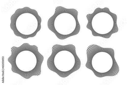 Radial wave sound lines. Circular frame. Sound circle ring. Wavy roun frame. Radial sun rays symbol. Wavy geometric silhouette. Abstract design element. Vector illustration on white background.