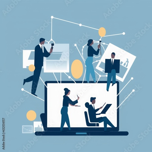 The team of four business workers stepping out from laptop screen. Network service concept illustration, Generative AI