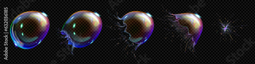 Soap bubble burst. 3d effect of water balloon explosion. Animation sprite sheet of burst sequence of transparent liquid sphere with iridescent reflection, vector realistic set