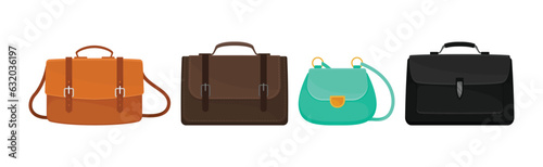 Female Handbag Made of Artificial Leather Isolated on White Background Vector Set